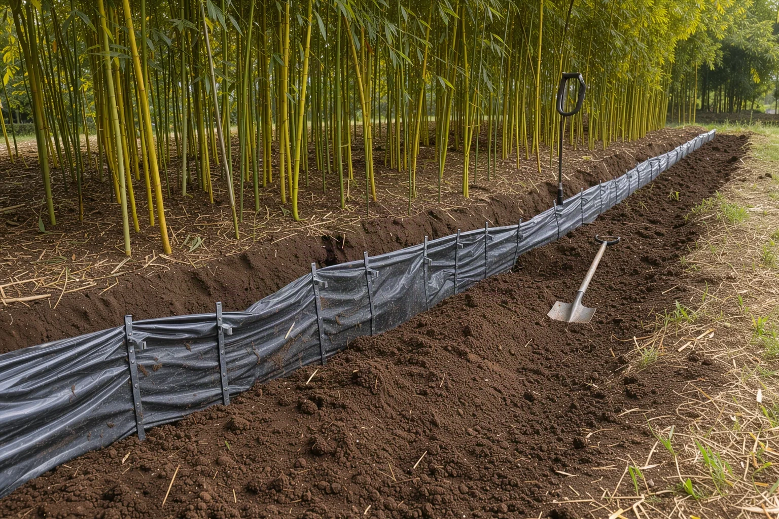 Tranchée bordée d'une barrière anti-rhizomes