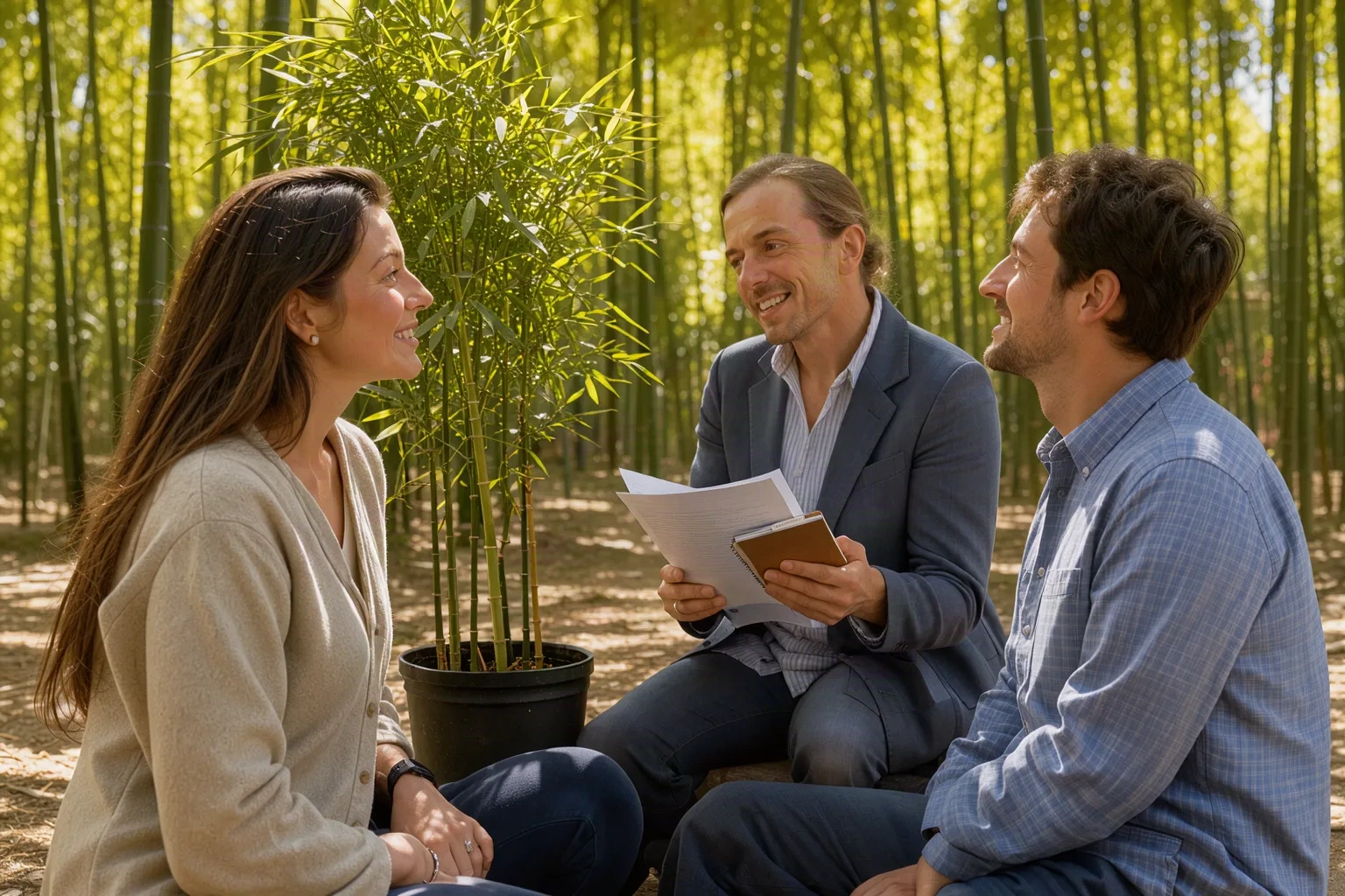 Conseil avec des clients dans une bambouseraie, en pleine discussion