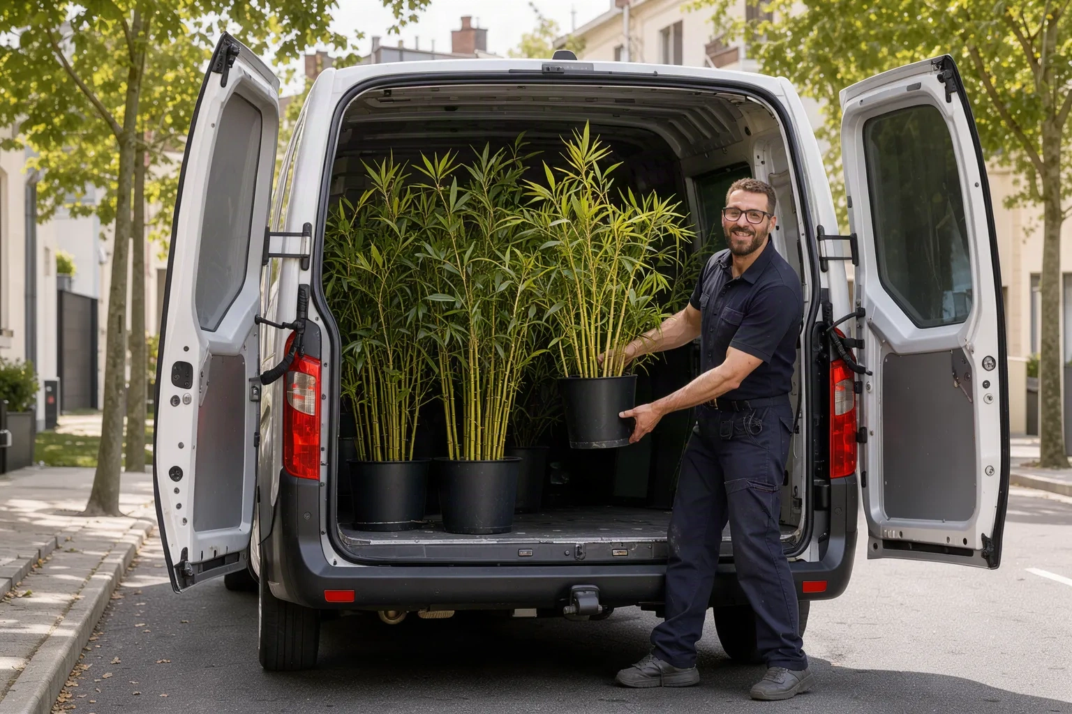 Camionnette de livraison chargée de bambous en pots